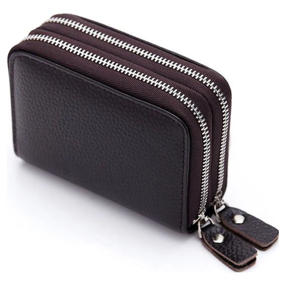 Rfid Real Leather Double Zip Card Holder Coin Purse, Coffee