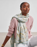 Golden Floral Printed Foil Scarf, Green Mist/Off White