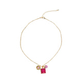 Necklace Gem Slice Triple Charms Hot Pink Quartz 14K Gold Plated
