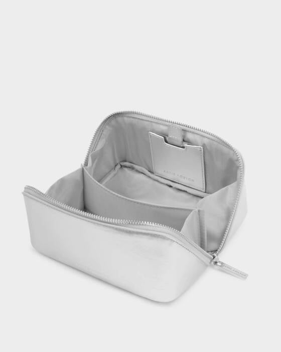 Patent Crackle Fold-Out Mirror Makeup Bag, Silver