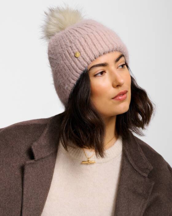 Knitted Pom Pom Hat, Dusty Pink