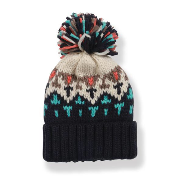 Couthie Aztec Design Navy Pom Pom Hat