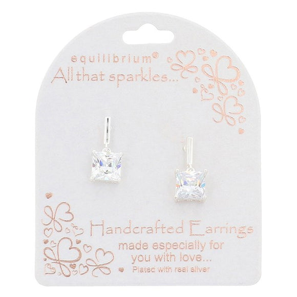 Sparkly Suspended Square Dangly Earring - Silver Plated