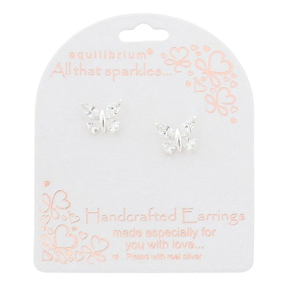 Sparkly Butterfly Stud Earrings - Silver Plated