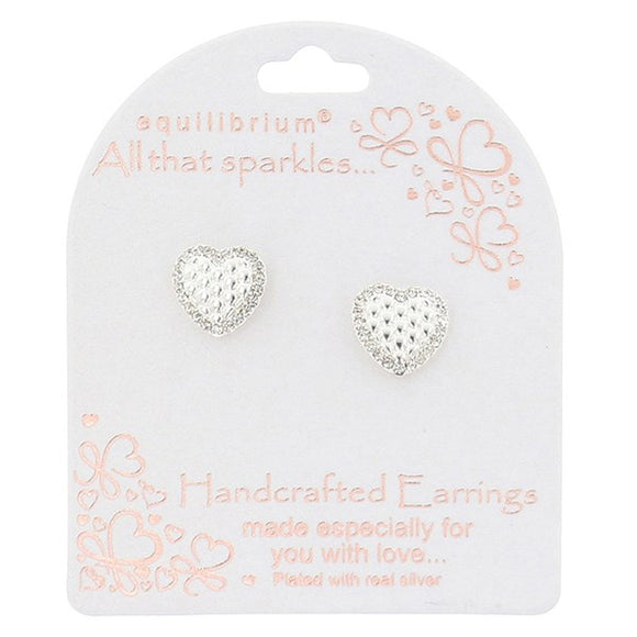Textured Heart Sparkly Earrings - Silver Plated