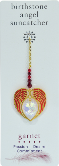 Carded Angel Wing Heart Suncatcher, Garnet