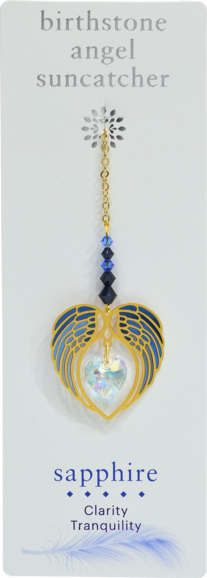 Carded Angel Wing Heart Suncatcher, Sapphire