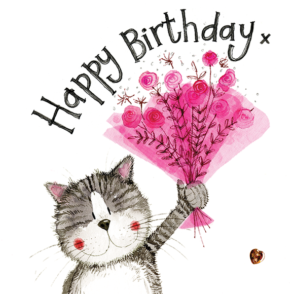 Happy Birthday - Cat With Pink Bouquet Little Sparkle