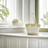 Medium Size Striped Paper Straw Basket Bag+ Hat, Beige