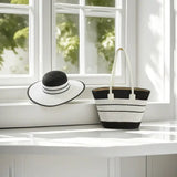 Medium Size Striped Paper Straw Basket Bag+ Hat Set, Black