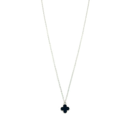 Simple Clover Pendant Necklace In Silver & Black