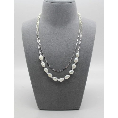 Double Layered Brass Chain with Natural Pearls Necklace (Silver)