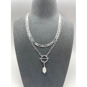 Double Layered Two Different Chains With Natural Pearl And T Bar Necklace Silver