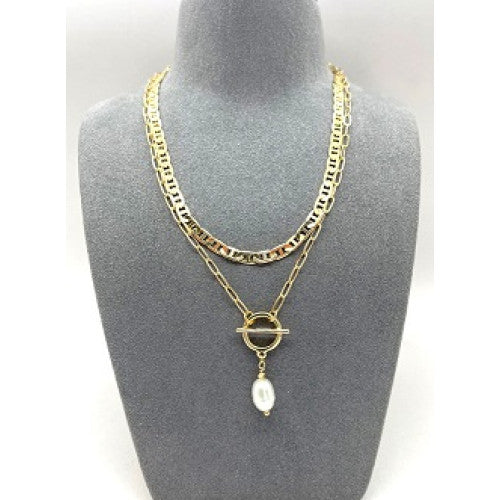 Double Layered Two Different Chains With Natural Pearl And T Bar Necklace Gold