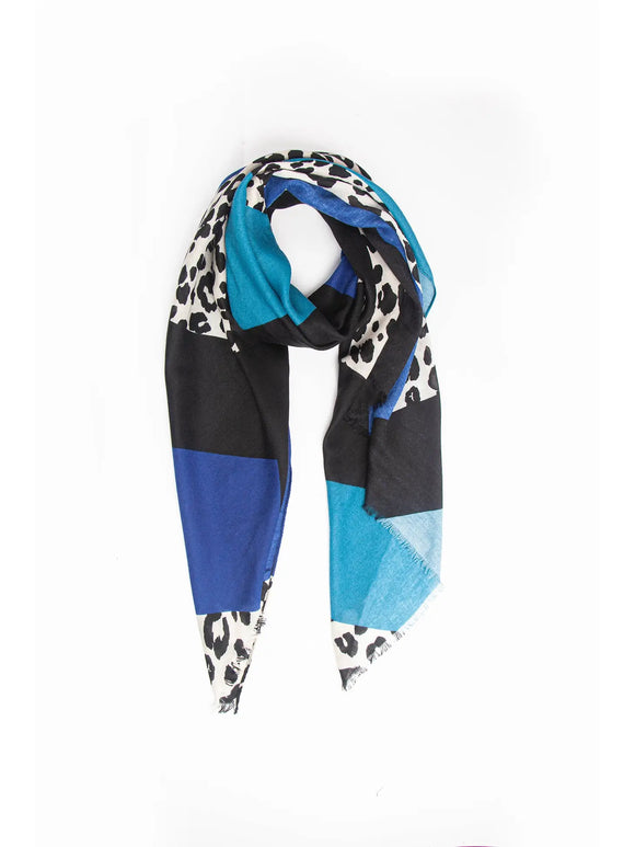 Royal Blue Geometric Colourblock Scarf with Leopard Print