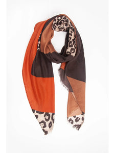 Orange Geometric Colourblock Scarf with Leopard Print