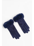 Navy Velvet Faux Fur Trim Gloves