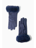 Navy Velvet Faux Fur Trim Gloves