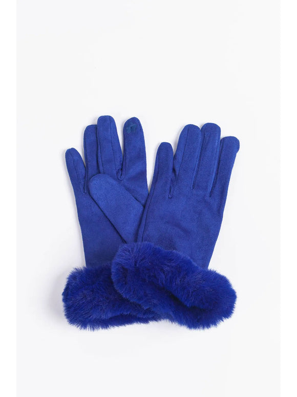 Royal Blue Velvet Faux Fur Trim Gloves