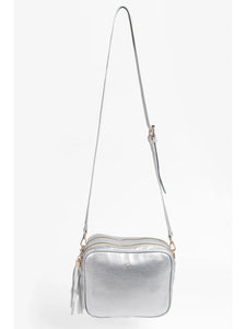 Silver Double Zip Vegan Leather Camera Bag