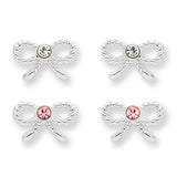 Girls Pretty Pearls & Bows Silver Plated Earrings, Pink or Clear Crystal Coloured Stone