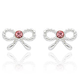 Girls Pretty Pearls & Bows Silver Plated Earrings, Pink or Clear Crystal Coloured Stone