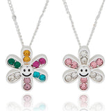 Girls Happy Flowers Silver Plated Necklace, Rainbow or Pink Crystal Stones