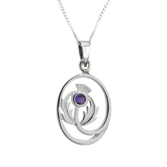 Scottish Thistle Silver Oval Pendant with Amethyst Colour Stone