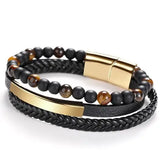 Men's Gold Tigereye & Lava Stone Multi Leather Bracelet