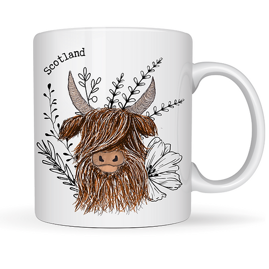 Flowers/Highland Cow Location Mug, Scotland