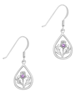 Scottish Thistle Silver Teardrop Earrings with Amethyst colour stone