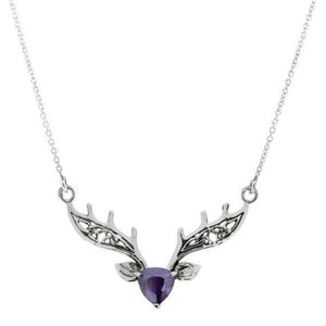 Scottish Highland Stag Silver Necklace with Amethyst colour stone