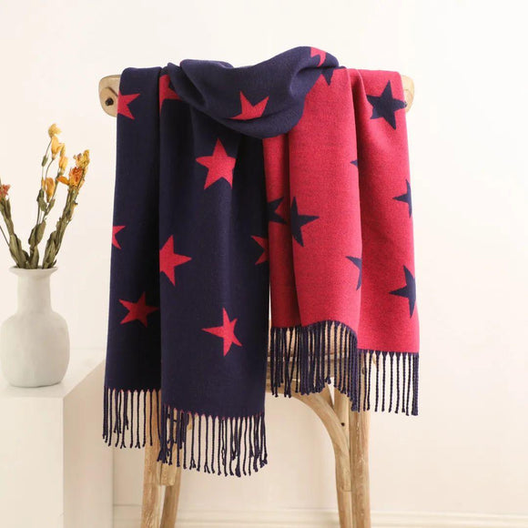 Star Pattern Winter Wrap, Navy & Fuschia