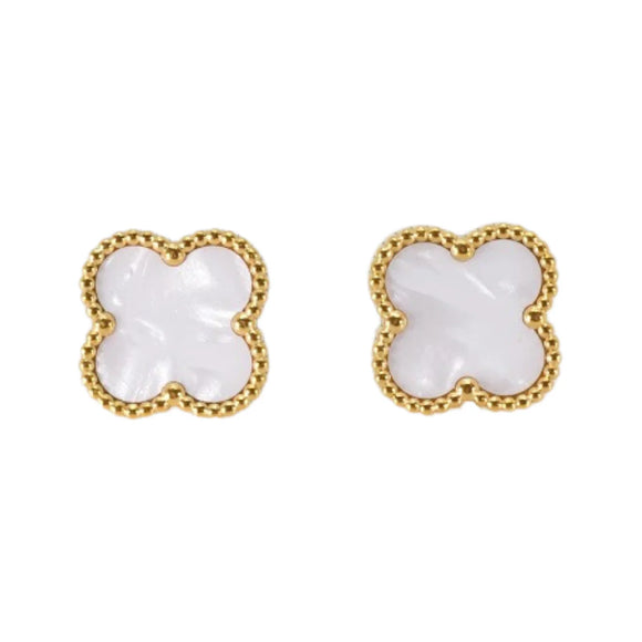 White Four Leaf Clover Stud Earrings, 18K Gold Plated