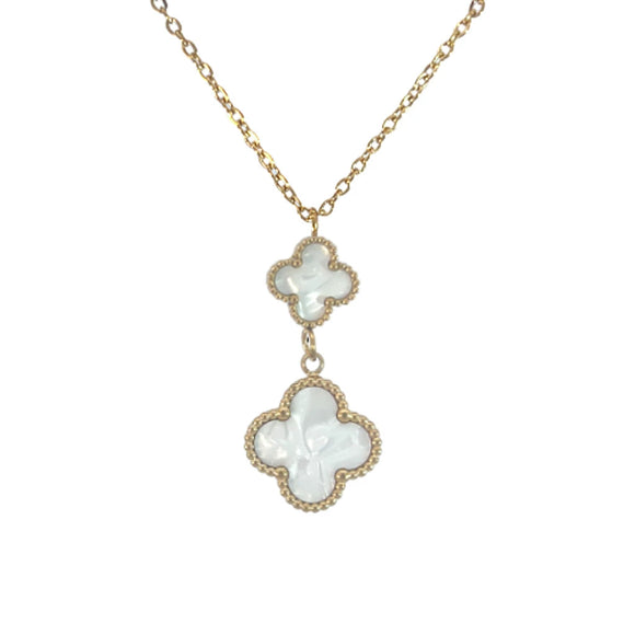 Double Drop White Four Leaf Clover Pendant Necklace, 18K Gold Plated