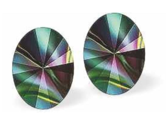 Austrian Crystal Oval Rivoli Stud Earrings in Multi Coloured Rainbow, Sterling Silver Earwires