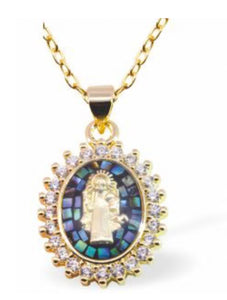 Paua Shell Oval Necklace with Virgin Mary image, Rhodium Plated, Golden Framed/Chain