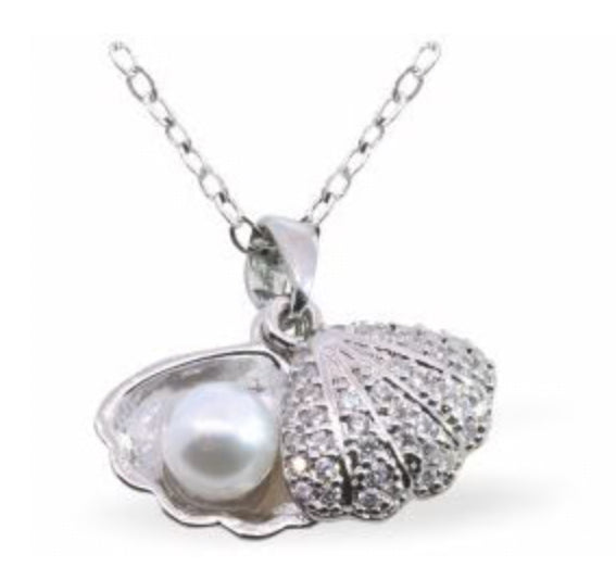 Silver Coloured Crystal Encrusted Oyster Shell Necklace with Pearl