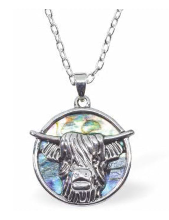 Paua Shell Long Horn Highland Cow Necklace, Rhodium Plated