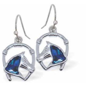 Paua Shell Horse with Horseshoe Frame Drop Earrings, Rhodium Plated