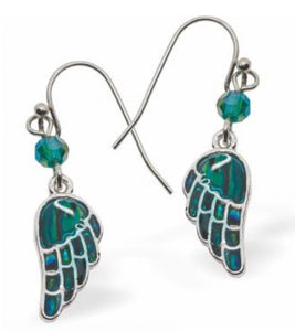 Paua Shell Angel Wings Drop Earrings, Rhodium Plated