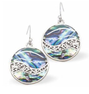 Natural Paua Shell Round Wave Drop Earrings, Rhodium Plated