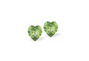 Austrian Crystal Heart Stud Earings in Peridot Green, in Three Sizes with Sterling Silver Earwires