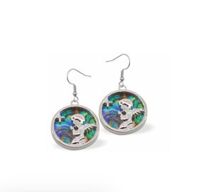 Paua Shell Circular Design with Praying Angel Inlay Drop Earrings, Rhodium Plated