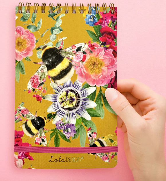 Mustard Bee Pattern Top Spiral Notepad With Elastic Closure