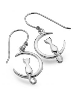 Sterling Silver Cat On A Moon Earrings By Origins