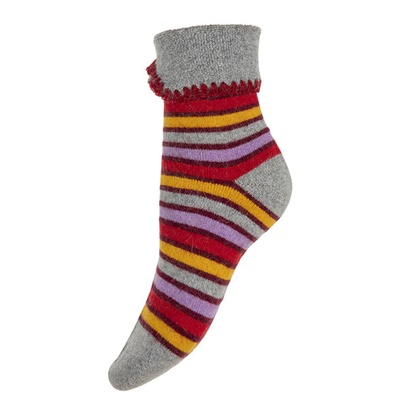 Grey Cuff Socks With Red Yellow And Pink Stripes