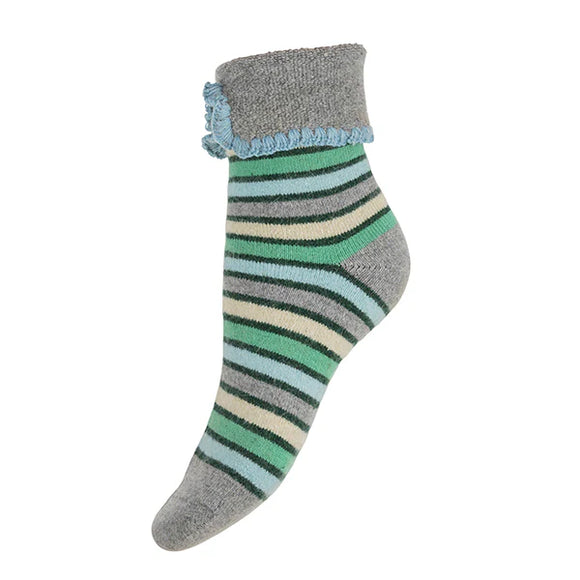 Grey Cuff Socks With Green And Pale Blue Stripes