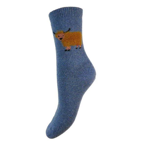 Thick Wool Blend Blue Socks  With Fluffy Highland Cows