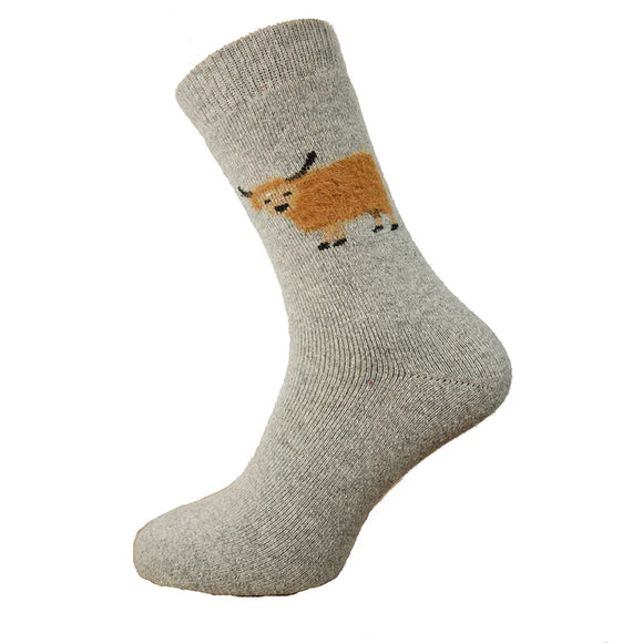 Light Grey Wool Socks With Fluffy Cow